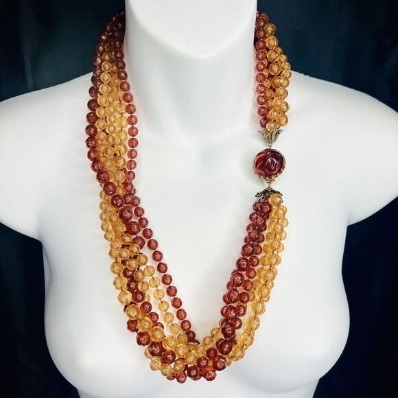 Vintage Chunky Amber Yellow Lucite Multi Strand Beaded Necklace Dome Box Clasp - Picture 1 of 16